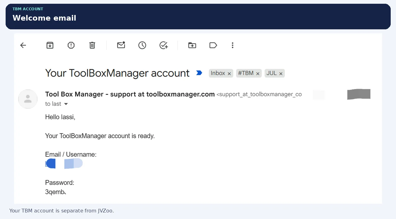 ToolBoxManager account welcome email