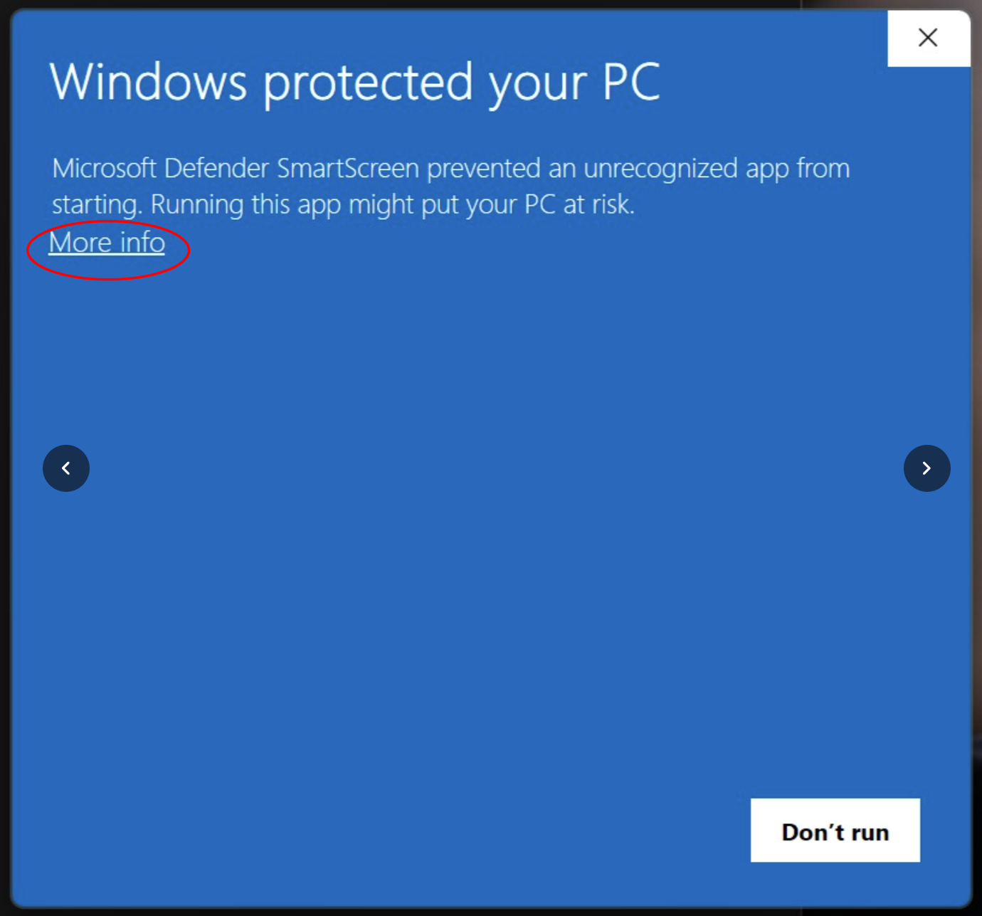 Microsoft Defender SmartScreen dialog saying Windows protected your PC, with More info highlighted