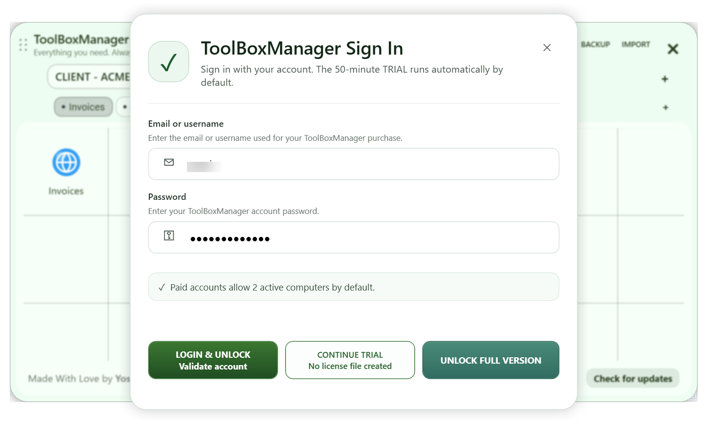 ToolBoxManager sign-in window with trial and full-version options